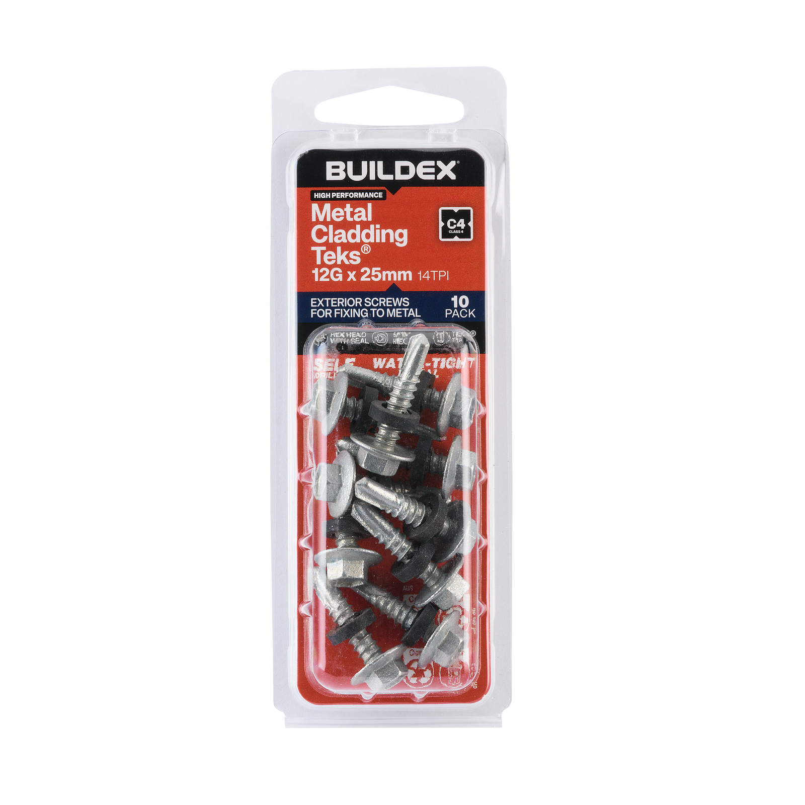 Buildex 12G x 25mm Class 4 Metal Cladding Hex Head TEKS Screws with Seal, 10 Pack