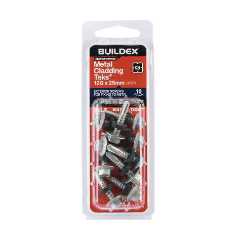 Buildex 12G x 25mm Class 4 Metal Cladding Hex Head TEKS Screws with Seal, 10 Pack