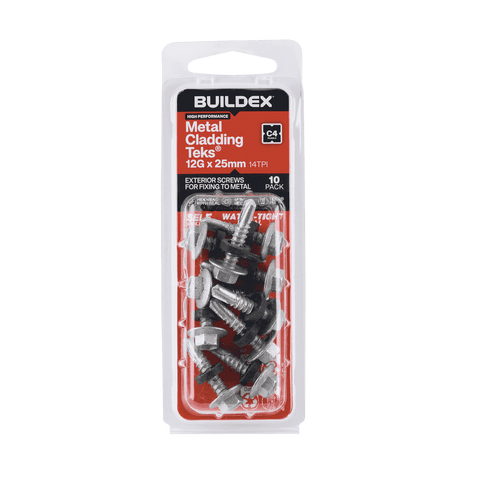 Buildex 12G x 25mm Class 4 Metal Cladding Hex Head TEKS Screws with Seal, 10 Pack
