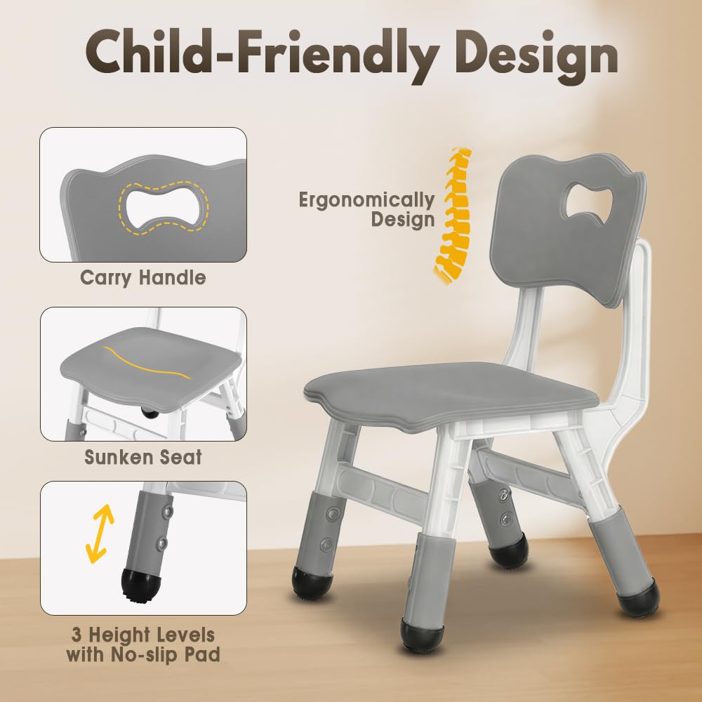 Kids Table and Chair Set with 4 Chairs - Grey 120 x 60cm - 7-Level Height Adjust, Wipe-Clean Top