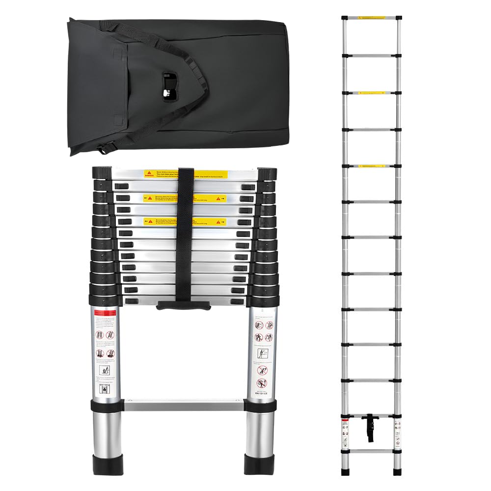 Telescopic Aluminium Ladder 3.8m - Silver - 150kg Capacity, Auto Lock Sections, Collapses for Storage, Carry Bag