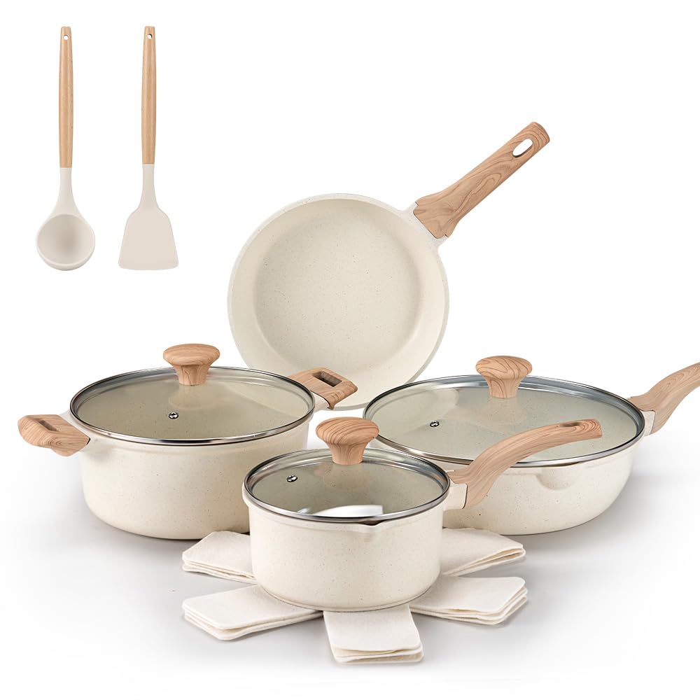 Classic Cookware Set 13 Piece - White - Nonstick Granite Coating, Fixed Stay Cool Handles, PFOA and PFOS Free