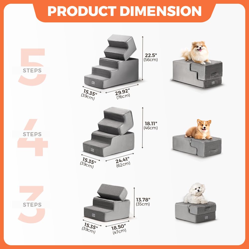 3 Step Dog Stairs 35cm High - Grey - High Density Foam with Support Boards, Non Slip Corduroy Cover
