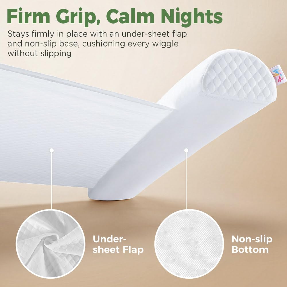 Toddler Bed Bumpers 2-Pack with Handle - White - Memory Foam, Under-Sheet Flap, Water-Resistant