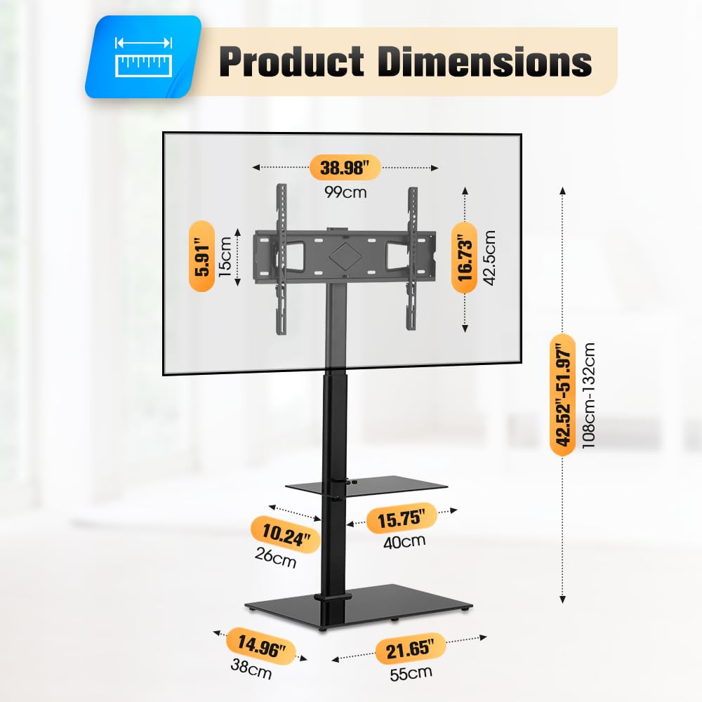 Swivel TV Floor Stand with Laptop Shelf - Black - Fits 32 to 65 Inch up to 40kg, 12 Height Settings, 8mm Glass Base