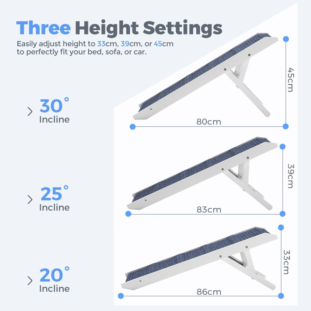 Adjustable Dog Ramp for Bed - White, 90cm Long - Three Heights 33, 39 and 45cm, Holds 60kg, Non Slip Carpet