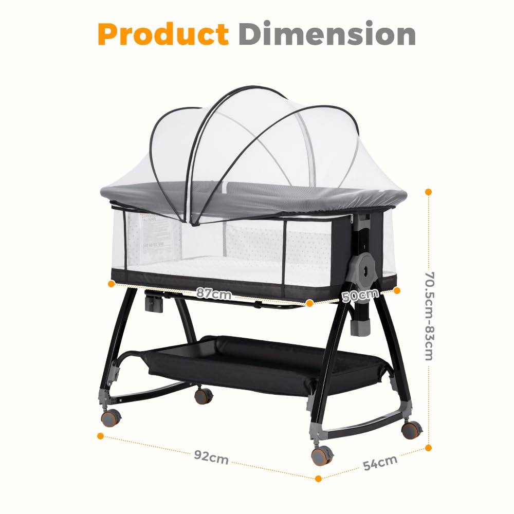 3-in-1 Baby Bassinet and Bedside Sleeper - Black - 6 Height Levels, Rocking Cradle, Mattress Included