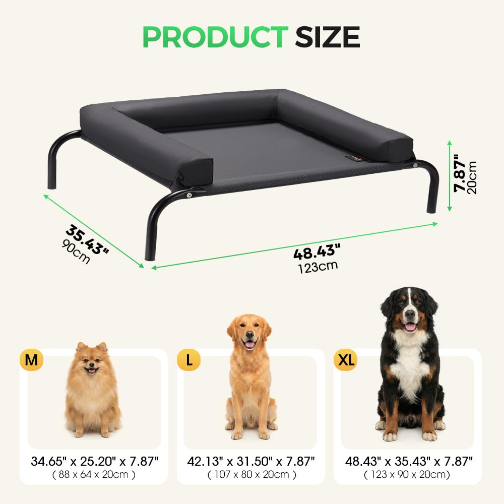 Cooling Elevated Dog Bed with Bolster - Black, XL 123 x 90 x 20cm - Textilene Mesh, Steel Frame, Holds 60kg