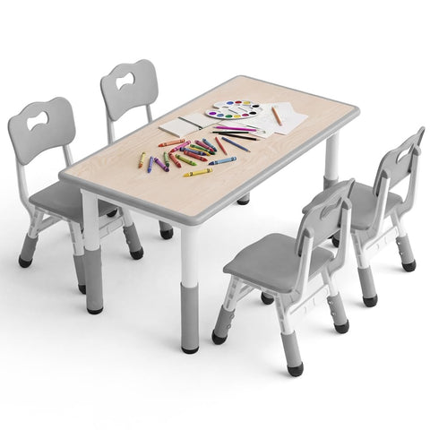 Kids Table and Chair Set with 4 Chairs - Grey 120 x 60cm - 7-Level Height Adjust, Wipe-Clean Top