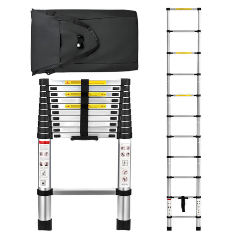 Telescopic Aluminium Ladder 3.2m - Silver - 150kg Capacity, Auto Lock Sections, Collapses for Storage, Carry Bag