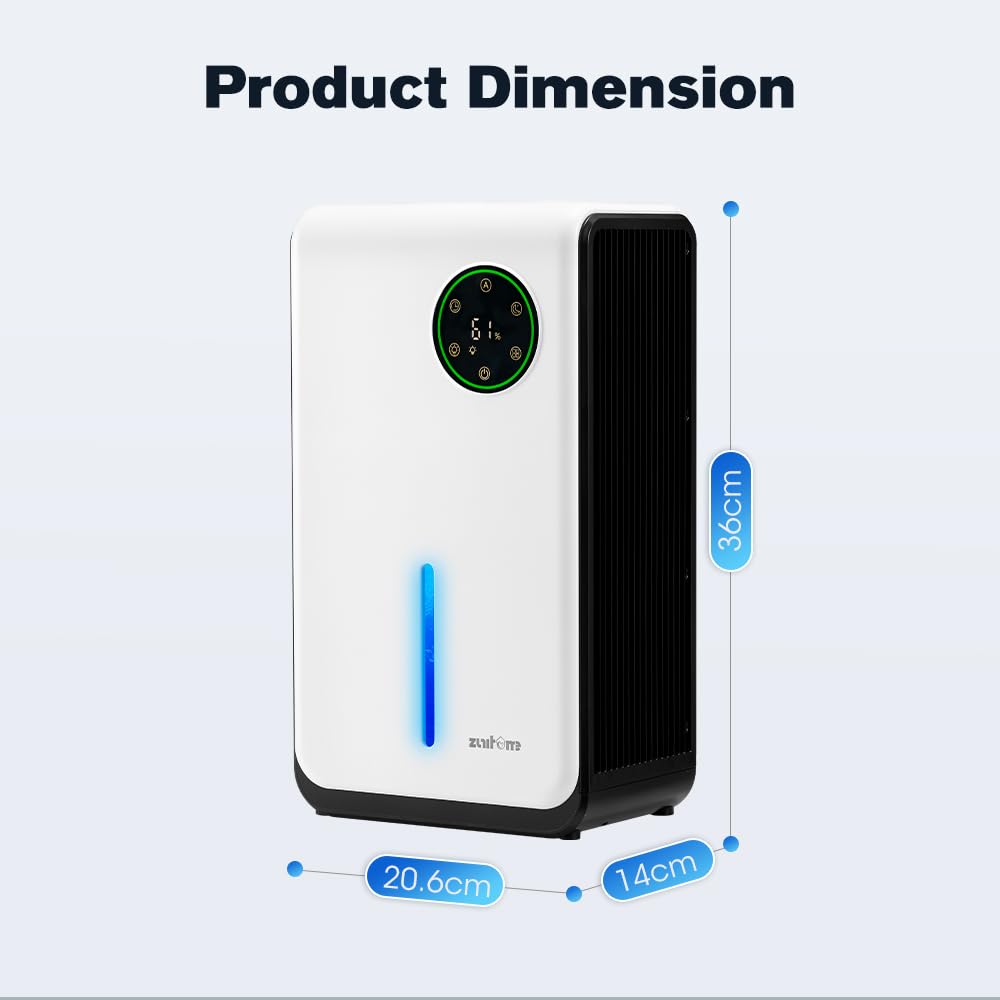 Portable Dehumidifier 2L Tank - White - Removes 500-1000ml a Day, Covers 50sqm, 24 Hour Timer, Auto Shut Off