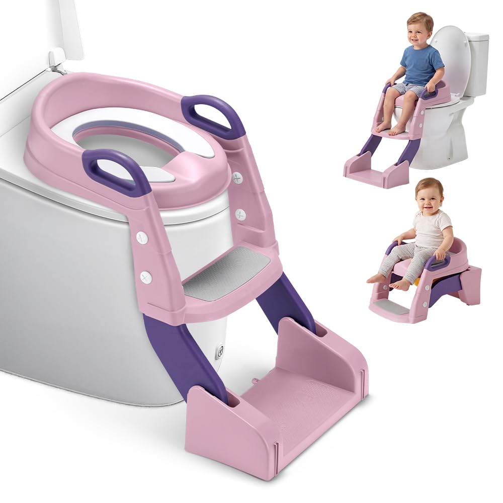 2-in-1 Potty Training Seat with Step Stool Ladder - Pink - Splash Guard, Soft PU Cushion, Non-Slip