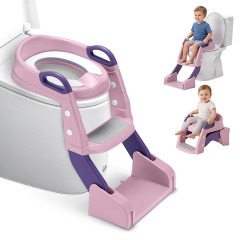 2-in-1 Potty Training Seat with Step Stool Ladder - Pink - Splash Guard, Soft PU Cushion, Non-Slip