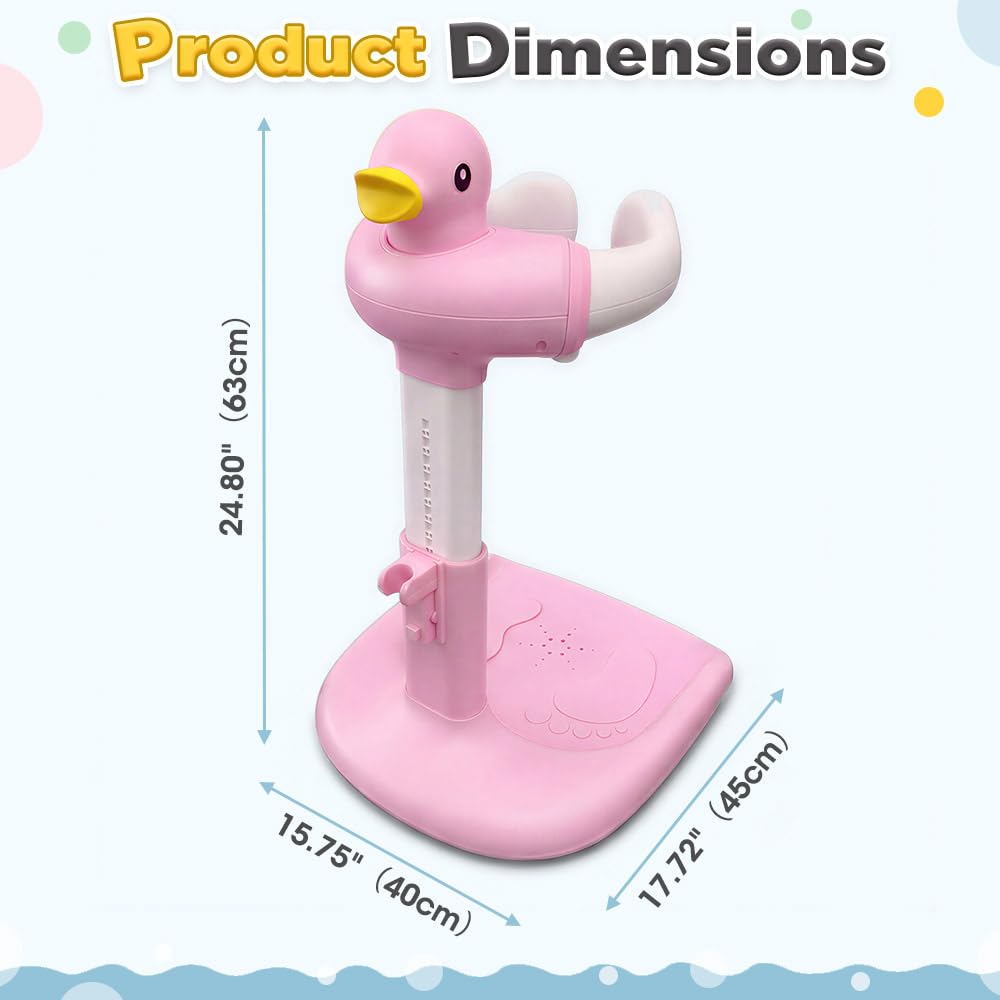 Baby Bath Shower Stand - Pink - 9 Height Levels, Anti-Slip Base, Anti-Pinch Silicone