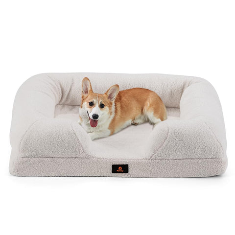 Dog Sofa Bed with High Sides - White, Medium 71 x 58 x 18cm - Teddy Velvet, Memory Foam, Three Sided Bolsters