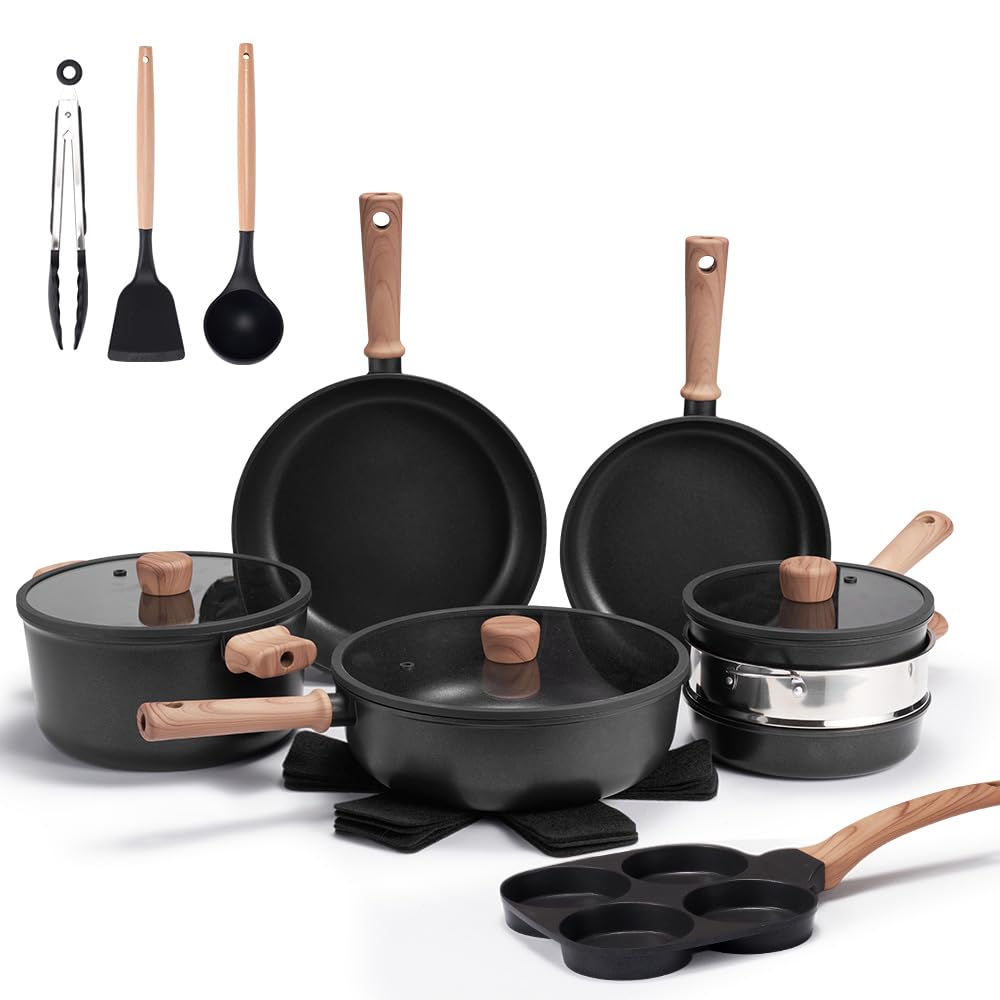 Classic Cookware Set 19 Piece - Black - Nonstick Granite Coating, Fixed Stay Cool Handles, PFOA and PFOS Free