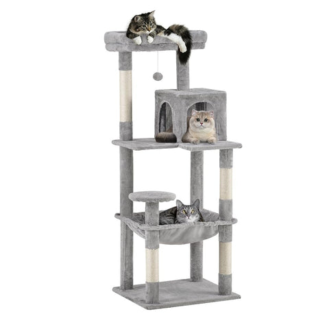 Cat Tree Tower 142cm - Light Grey - 3 Levels, Hammock, Condo, 4 Sisal Scratching Posts, Dangling Ball