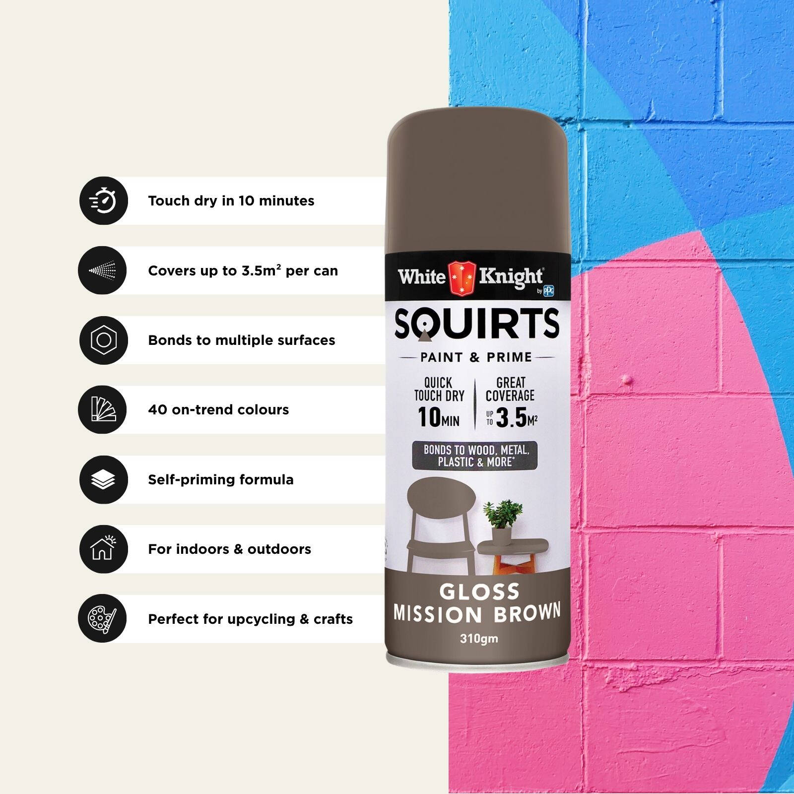 White Knight Squirts Mission Brown Gloss Spray Paint 310g - Solvent-Based, UV Resistant