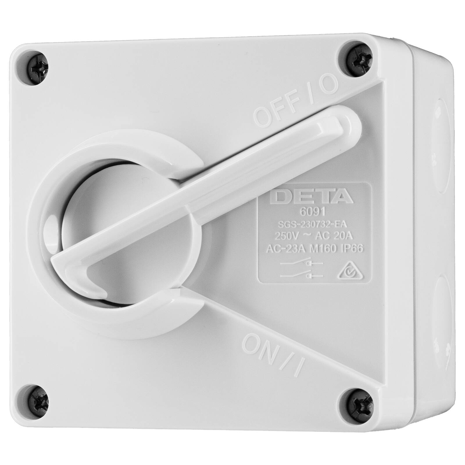 DETA IP66 Weatherproof Double Pole Isolator 20A 250V 6091B, White Polycarbonate