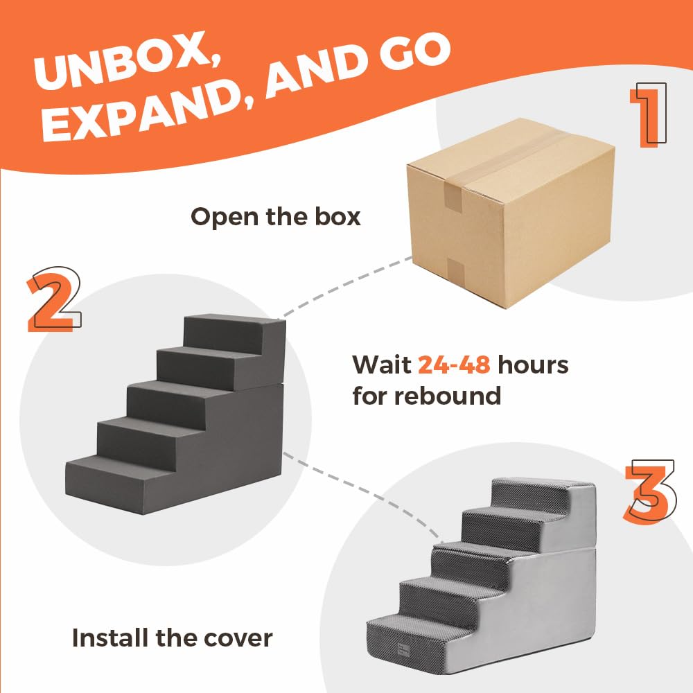 5 Step Dog Stairs 56cm High - Grey - High Density Foam with 5 Support Boards, Non Slip Corduroy Cover