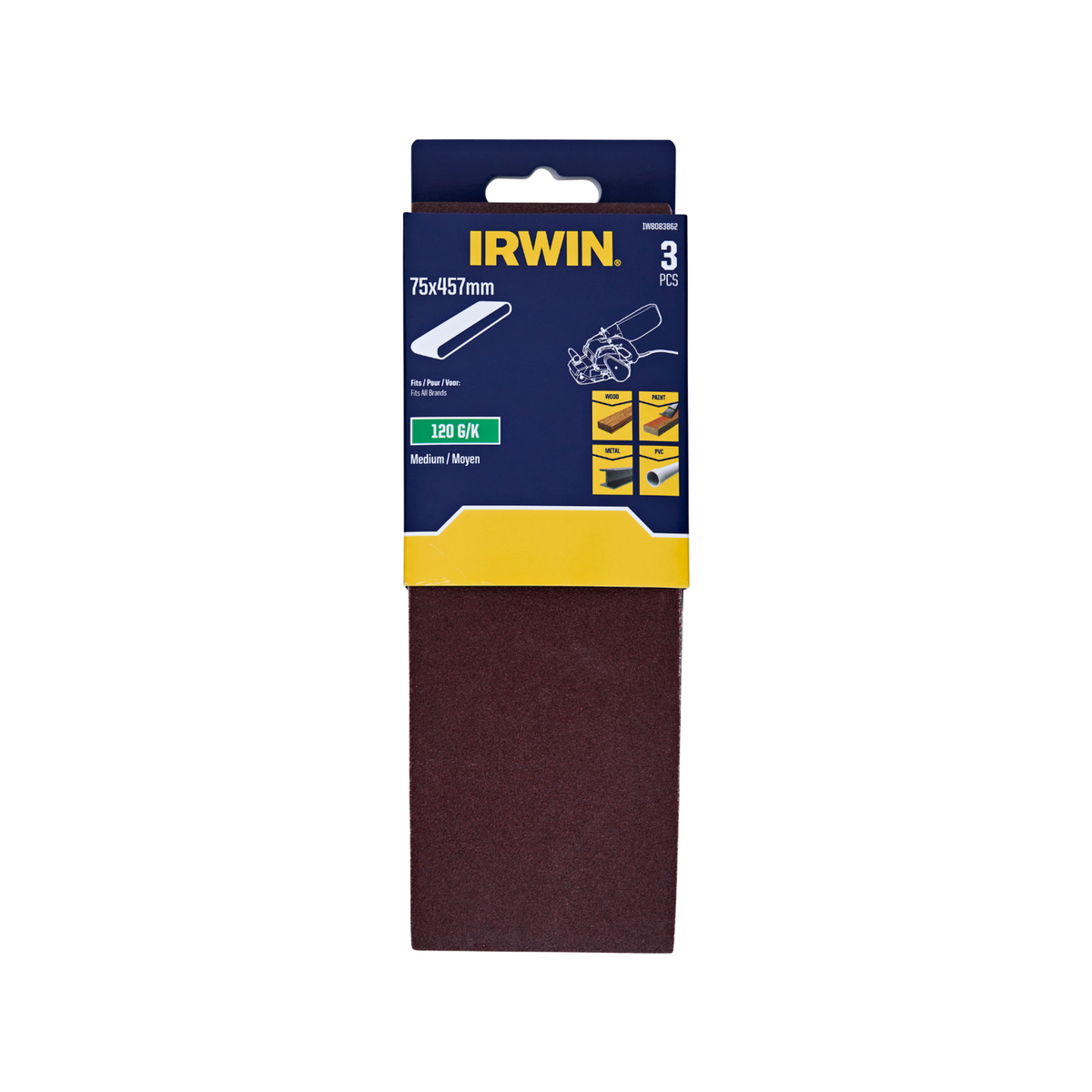 IRWIN 75 x 457mm 120 Grit Sanding Belts - 3 Pack