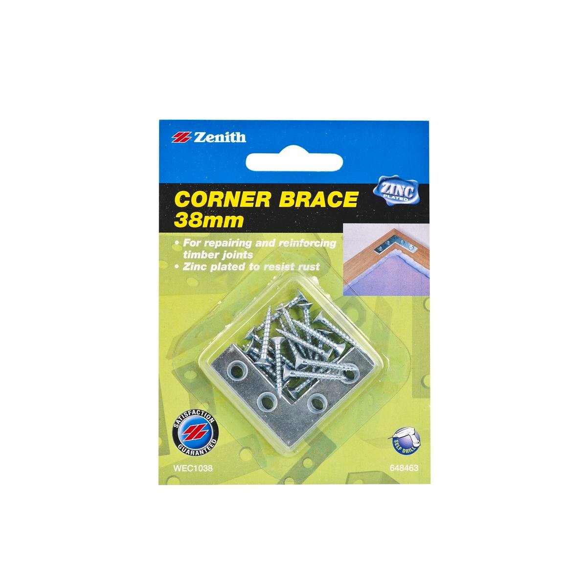 Zenith 38mm Zinc Plated Steel Corner Brace Bracket, 4 Pack with Screws for Timber Joints