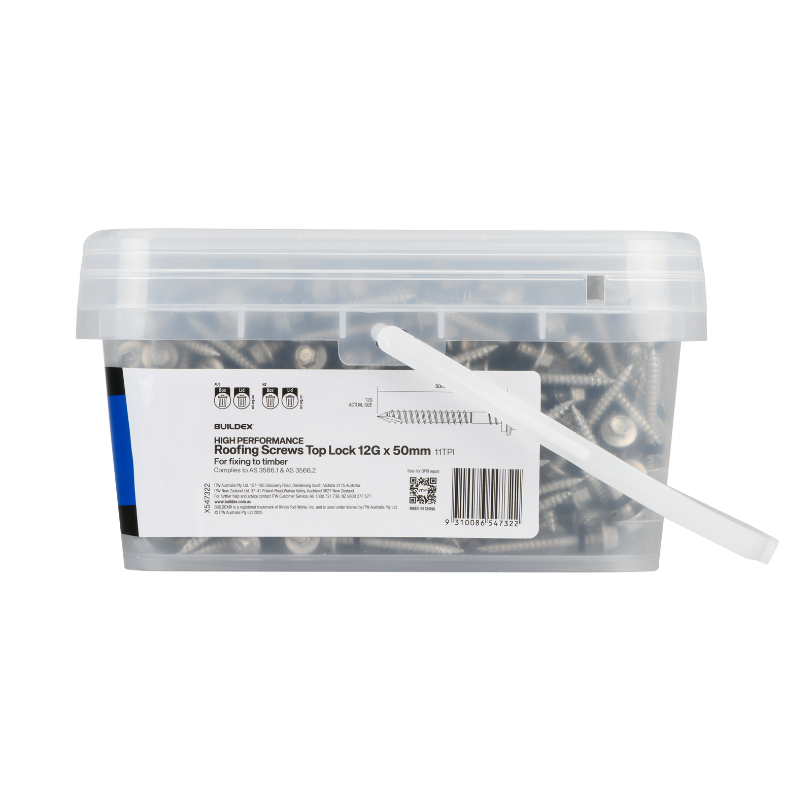Buildex 12G x 50mm Class 4 Top Lock Hex Head Roofing Screws with Seal, 1000 Pack