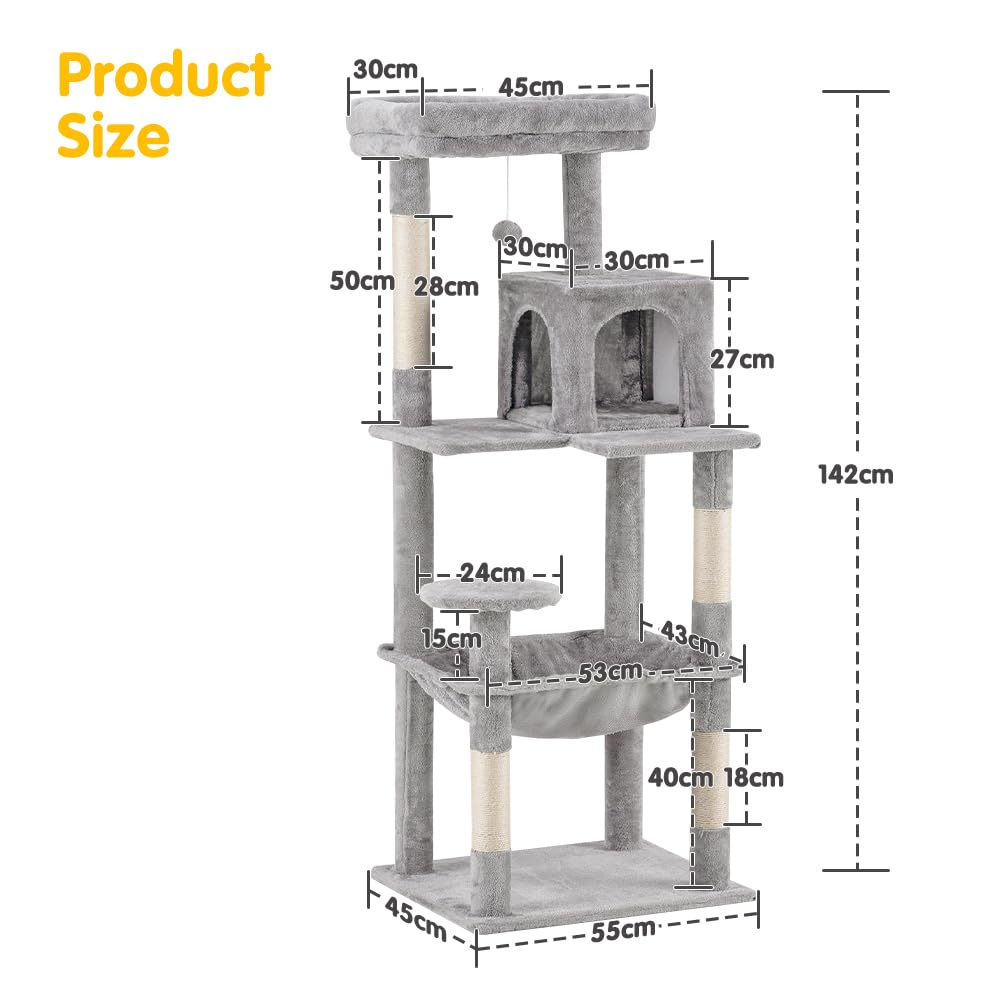 Cat Tree Tower 142cm - Light Grey - 3 Levels, Hammock, Condo, 4 Sisal Scratching Posts, Dangling Ball