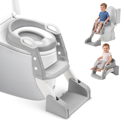 2-in-1 Potty Training Seat with Step Stool Ladder - Grey - Splash Guard, Soft PU Cushion, Non-Slip