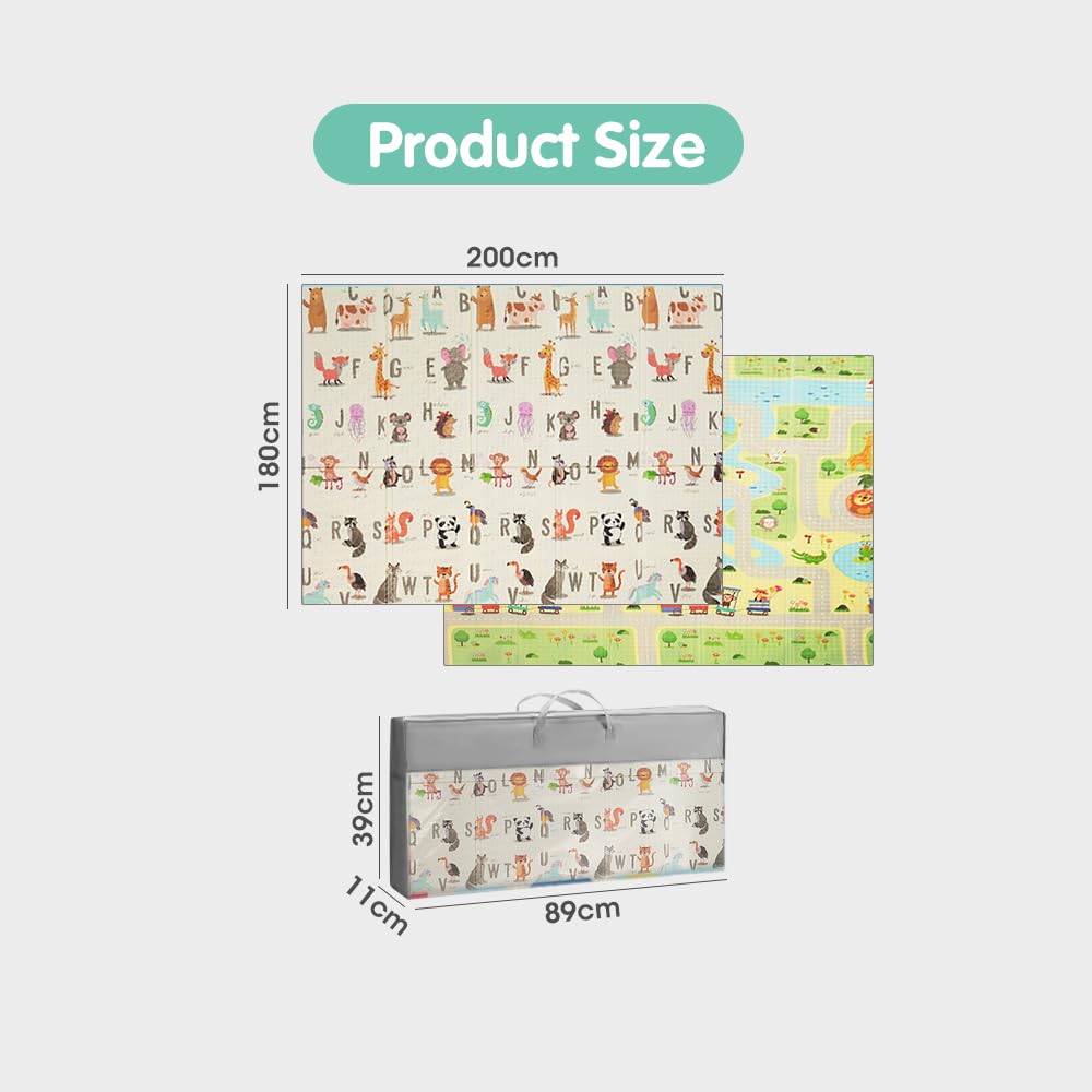 Foldable Baby Play Mat 200 x 180cm - Safari Animals - 1cm XPE Foam, Reversible, Travel Bag
