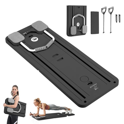 Foldable Pilates Reformer Board - Black - 18kg Resistance Bands, 8 Silent Rollers, 24 Anti Slip Pads, Timer Included