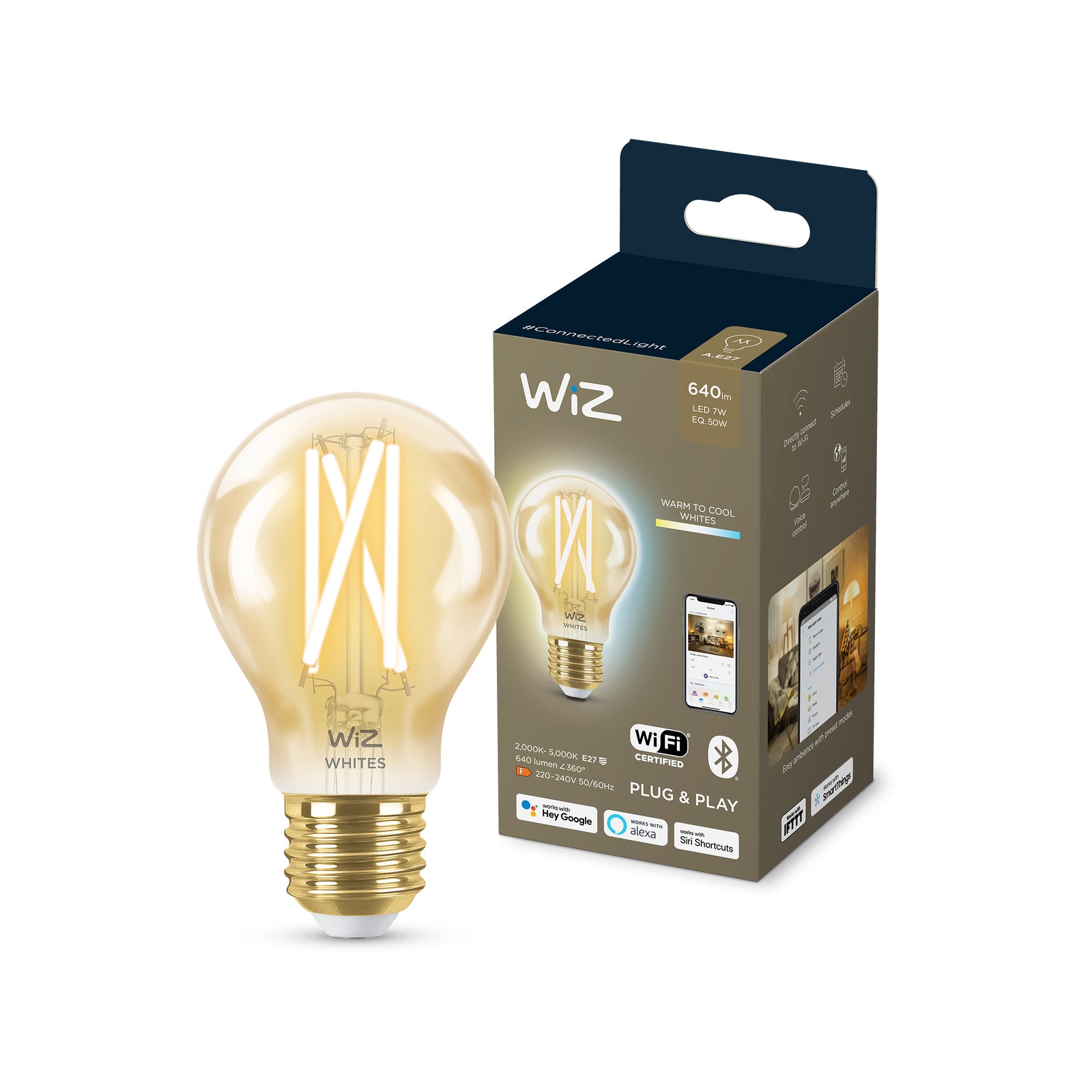WiZ A60 E27 LED 720lm 6.5W Tuneable White Smart Filament Globe (929003017401)