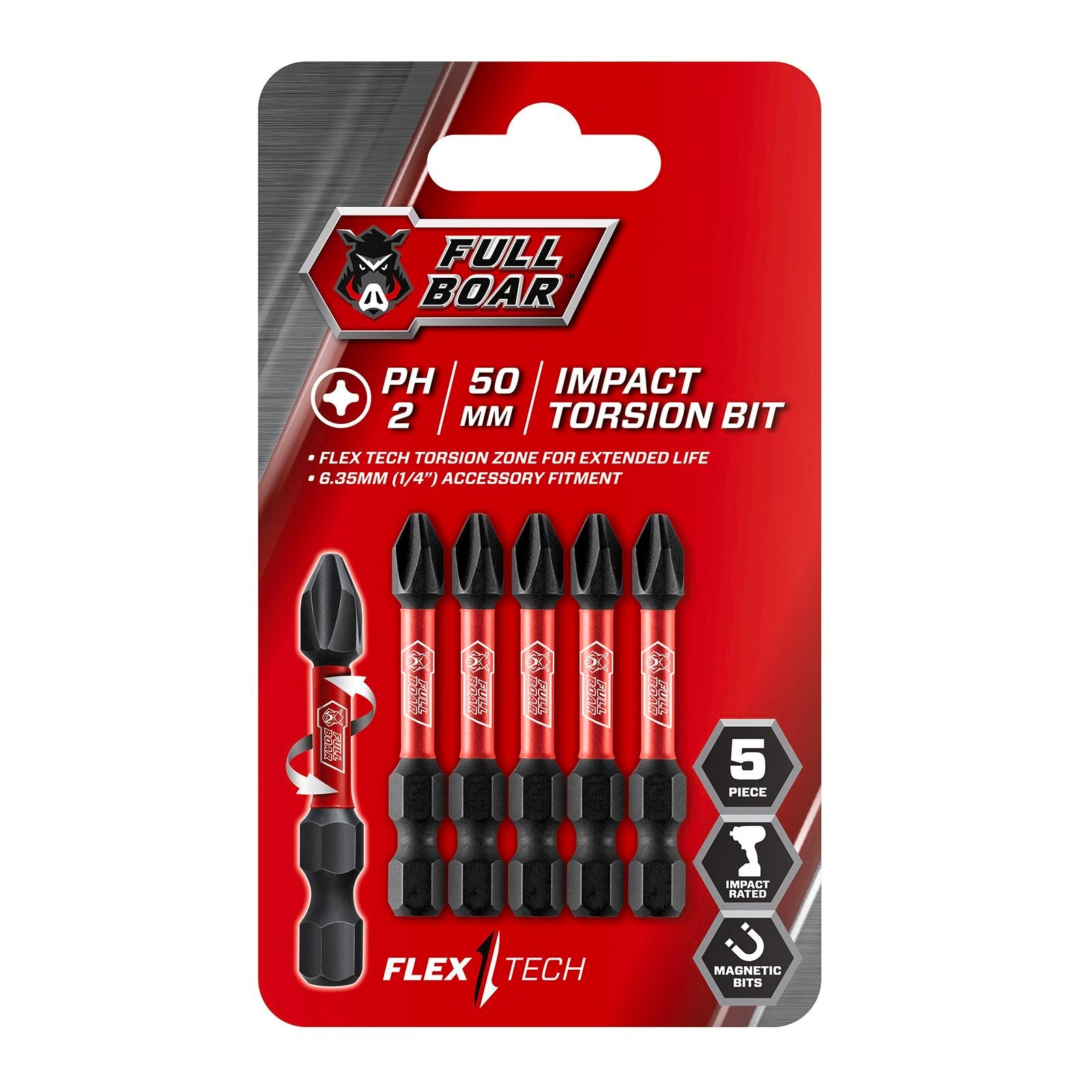 Full Boar PH2 x 50mm S2 Steel Impact Torsion Bit - 5 Pack