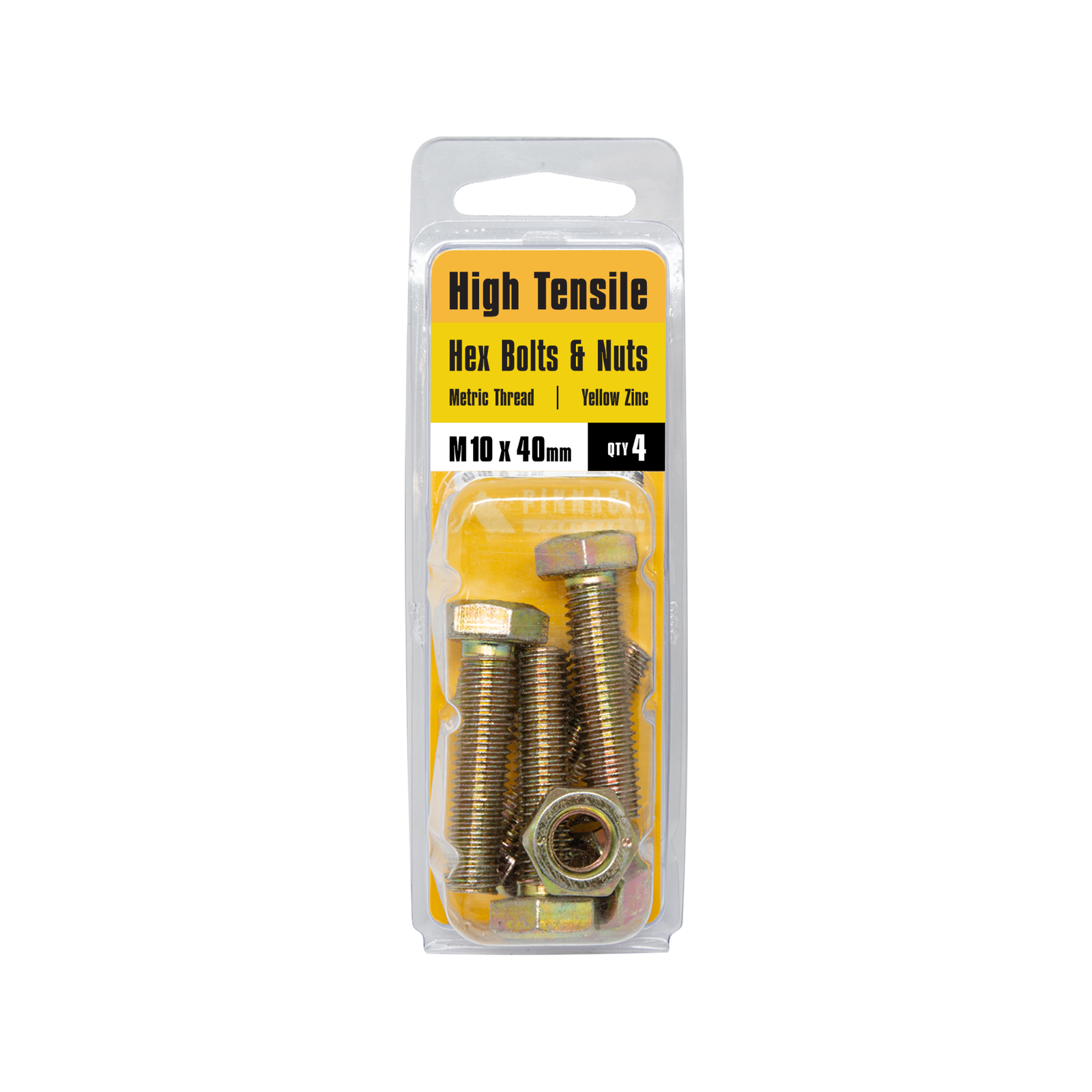 Pinnacle M10 x 40mm Yellow Zinc Hi-Tensile Hex Bolt and Nut - 4 Pack