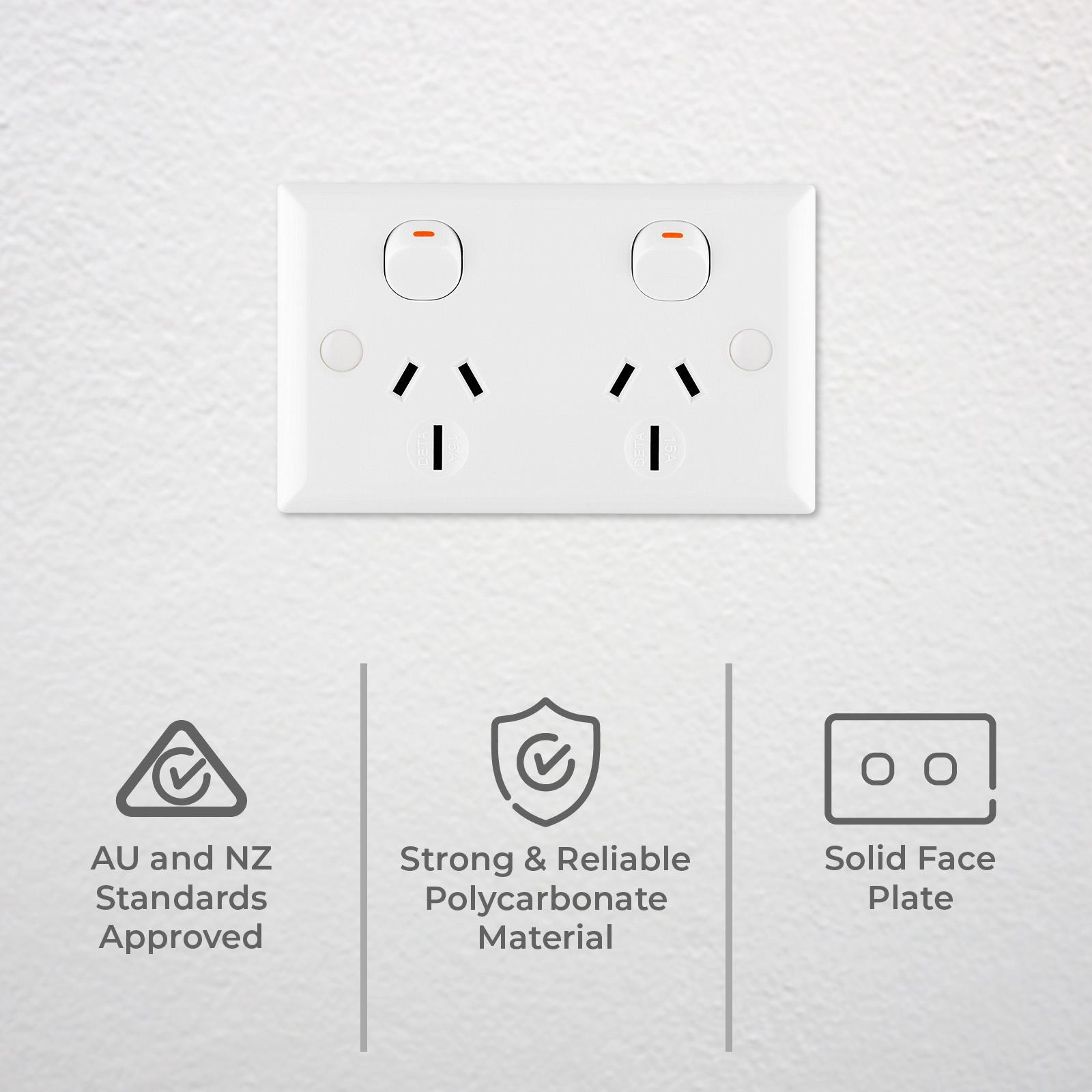DETA 15A Solid Plate Double Power Point, White Polycarbonate, Indoor (3216B)