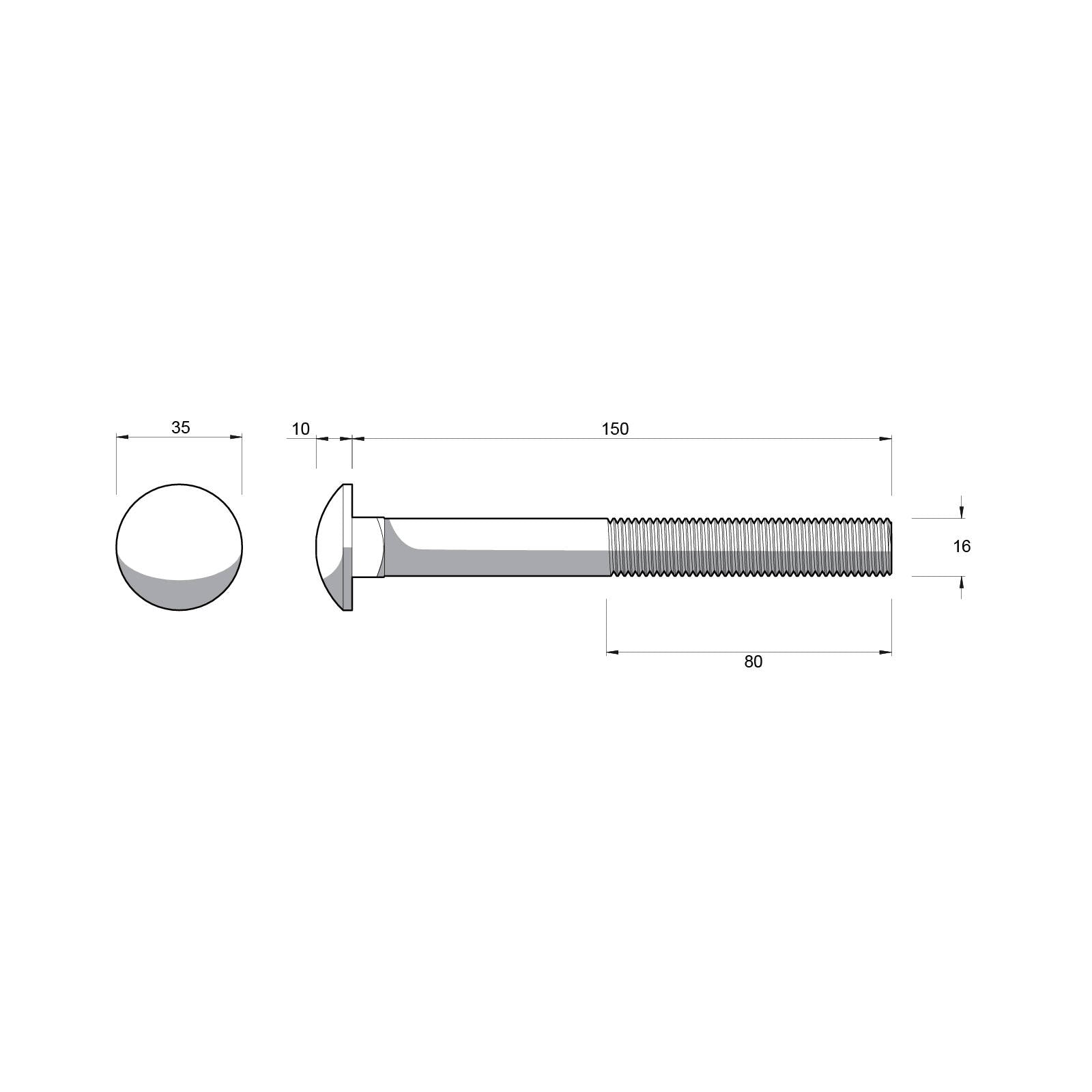 Zenith M16 x 150mm Hot Dip Galvanised Cup Head Bolt & Nut - 4.6 Grade Steel