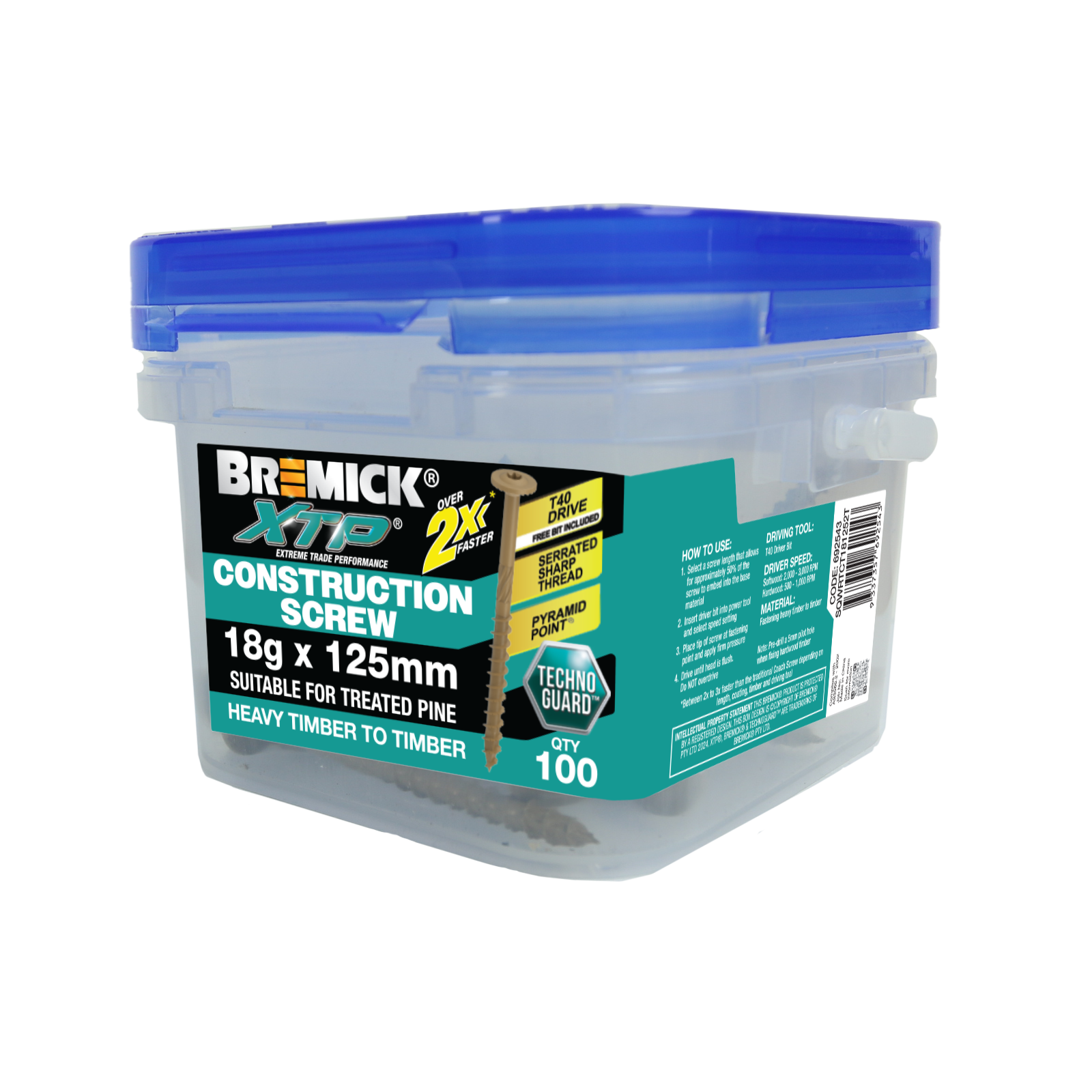 Bremick XTP 18g x 125mm TechnoGuard Tan T40 Serrated Washer Head Construction Screw - 100 Pack