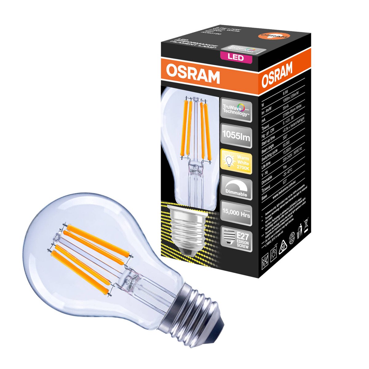 Osram 8.5W Warm White Dimmable A Shape E27 LED Filament Globe 1055lm