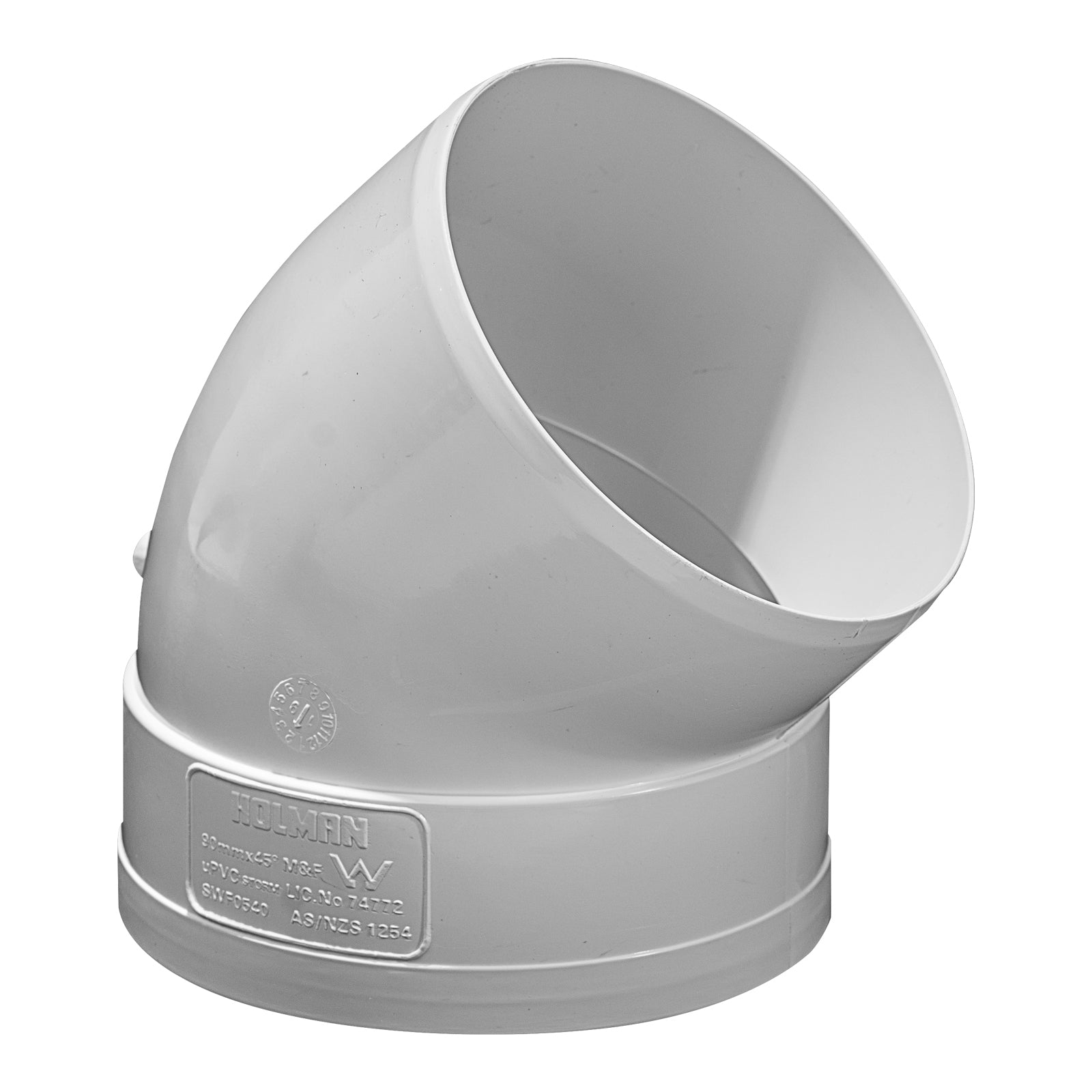 Holman 90mm 45 Degree Male & Female PVC Stormwater Elbow, White