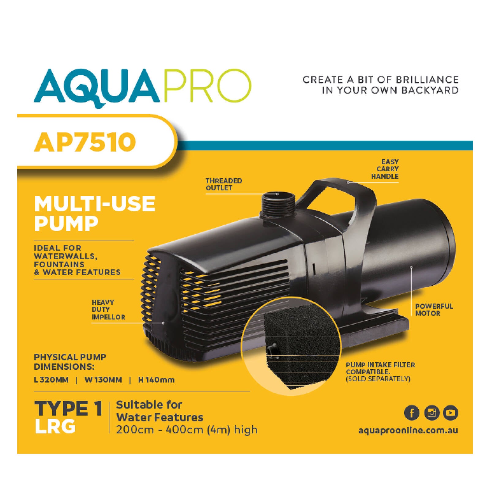 Aquapro AP7510 150W Submersible Multi-Use Pond Pump 02AH600