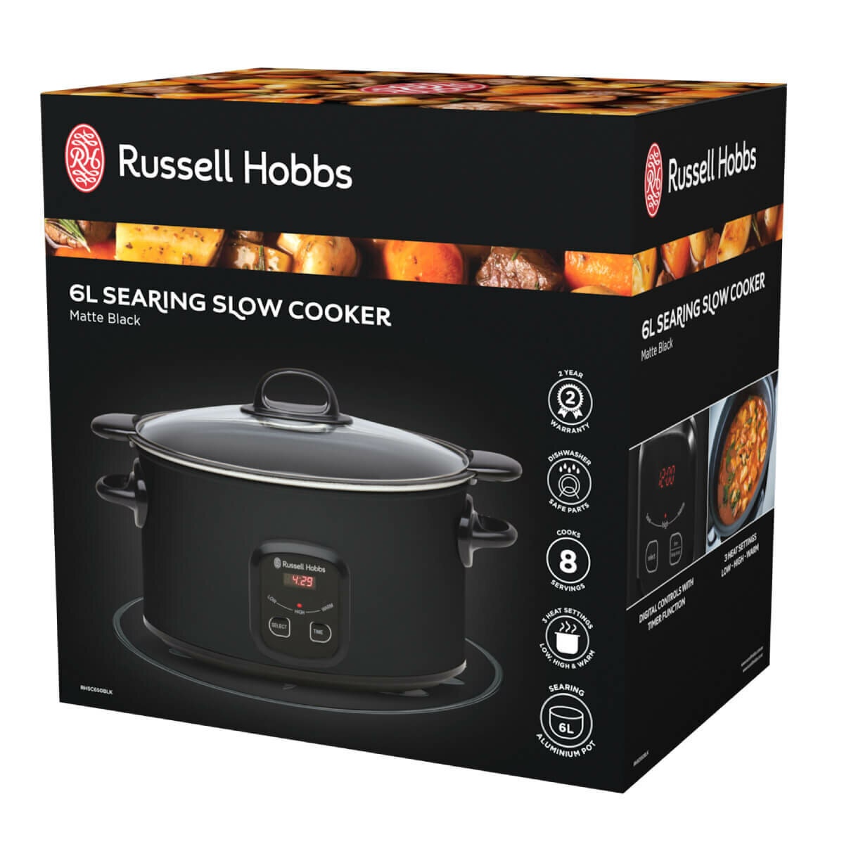 Russell Hobbs 6L Searing Slow Cooker - Stovetop Searing Pot, Digital Timer, Matte Black - RHSC650BLK