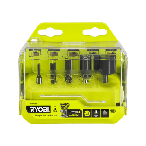 Ryobi 5-Piece Straight Router Bit Set - 1/4" Shank for Grooves & Housing Joints