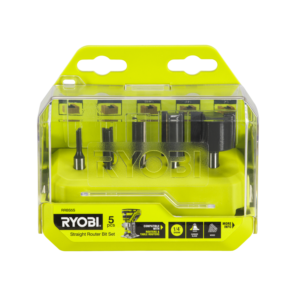 Ryobi 5-Piece Straight Router Bit Set - 1/4" Shank for Grooves & Housing Joints