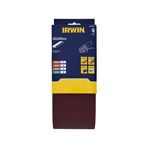 Irwin 100 x 560mm Mixed Grit Aluminium Oxide Sanding Belt - 4 Pack