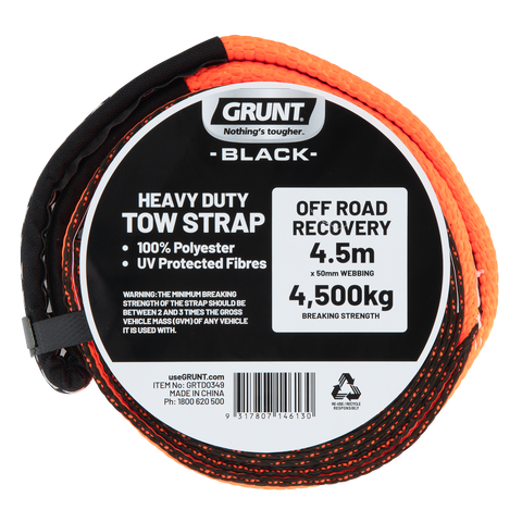 Grunt 50mm x 4.5m Heavy Duty Tow Strap, Orange Polyester, UV Protected, 2272kg Lashing Capacity