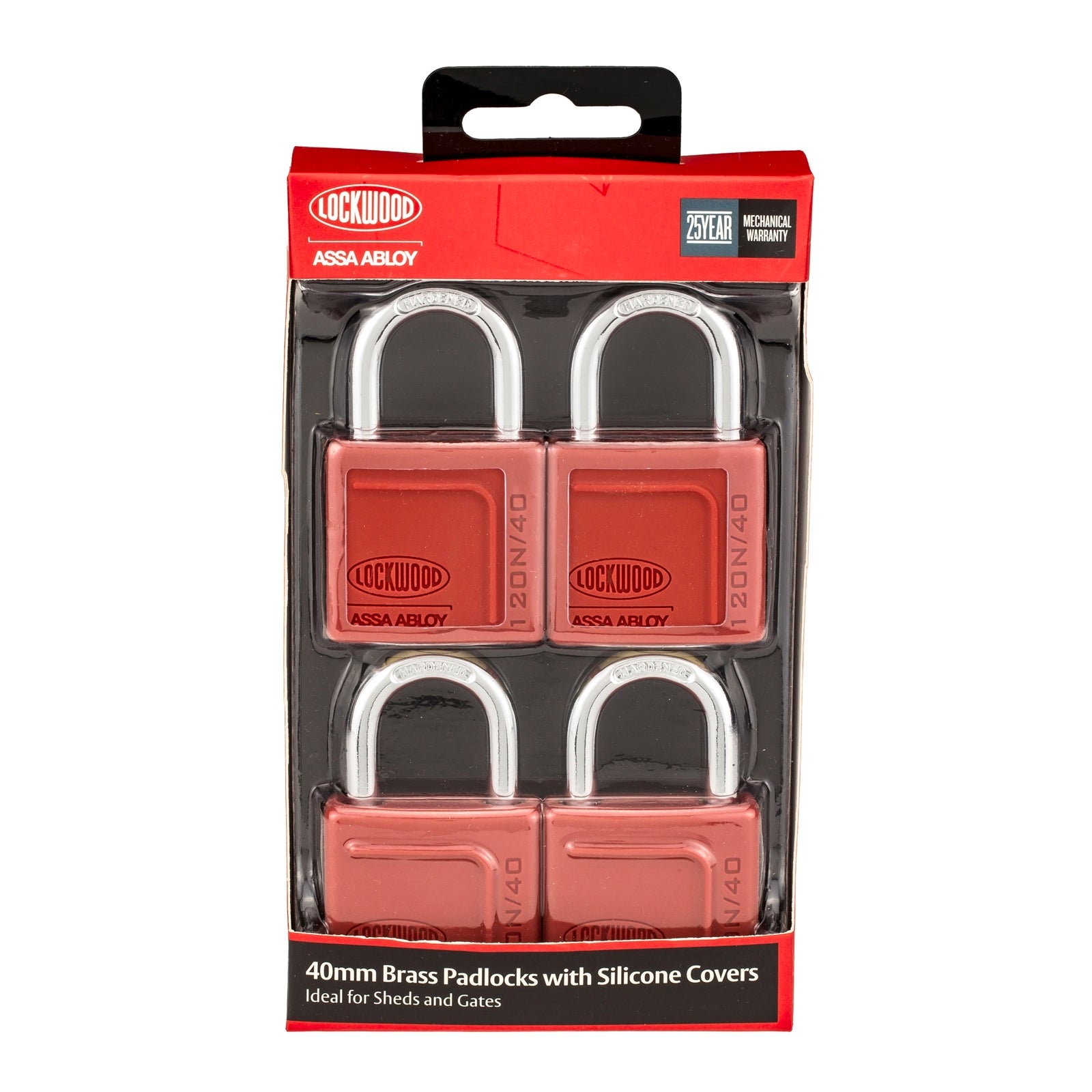 Lockwood 40mm Solid Brass 120N Series Padlock - 4 Pack, Silicone Jacket