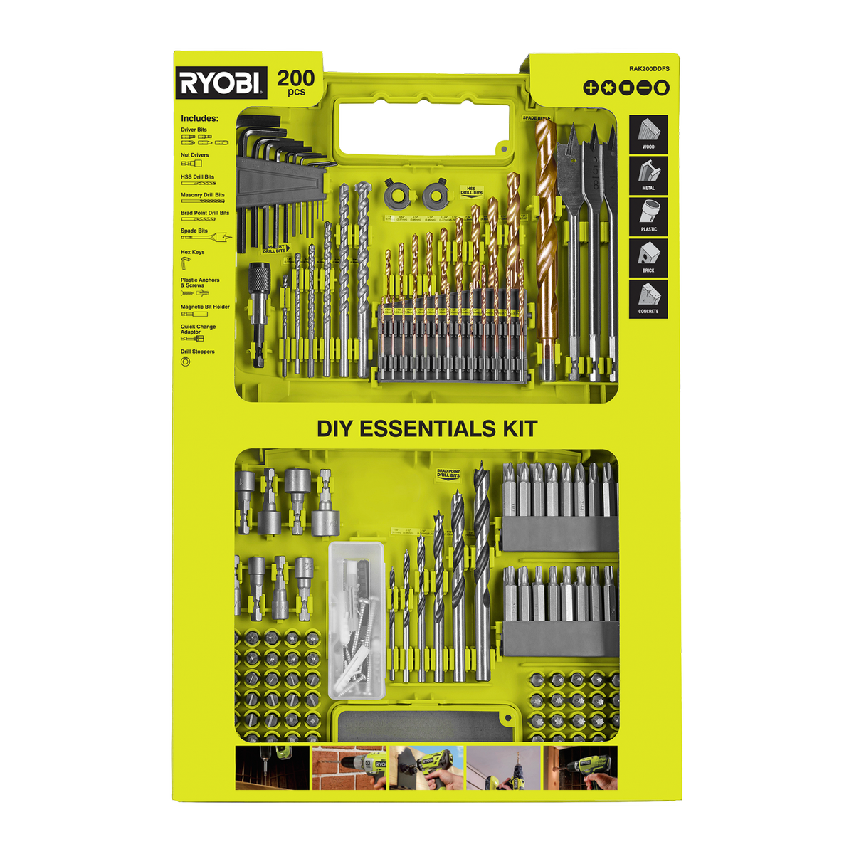Ryobi 200 Piece DIY Essentials Kit - 281mm x 58mm x 420mm - Versatile Tools - SuperSaverAU - view 1