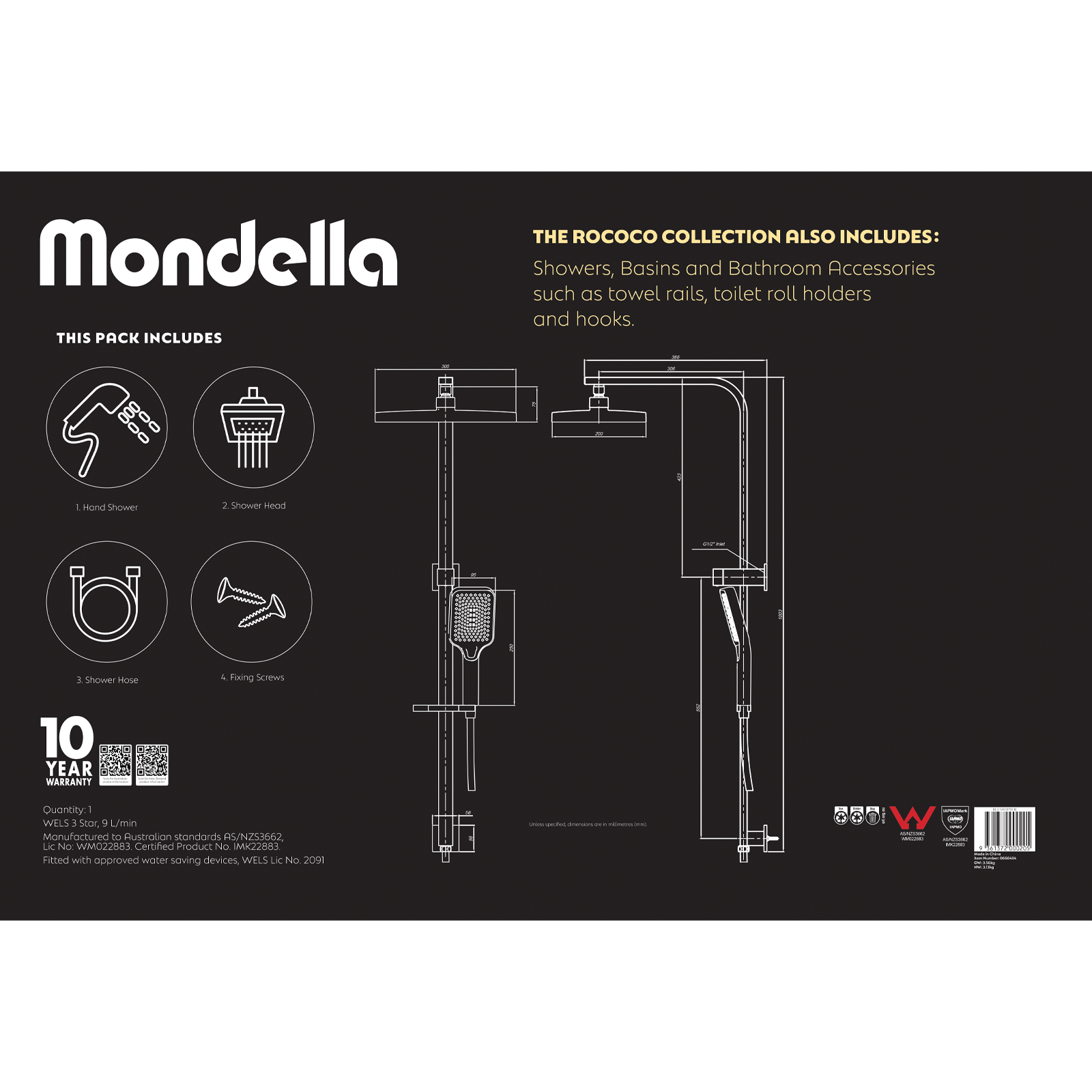 Mondella Matte Black Rococo Multifunction Twin Shower 9L/min WELS 3 Star 4 Spray