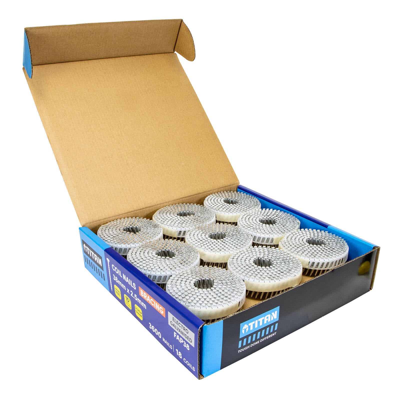 Titan 38 x 2.5mm Hardened Electro Galvanised Collated Coil Nail Screw - 3600 Pack