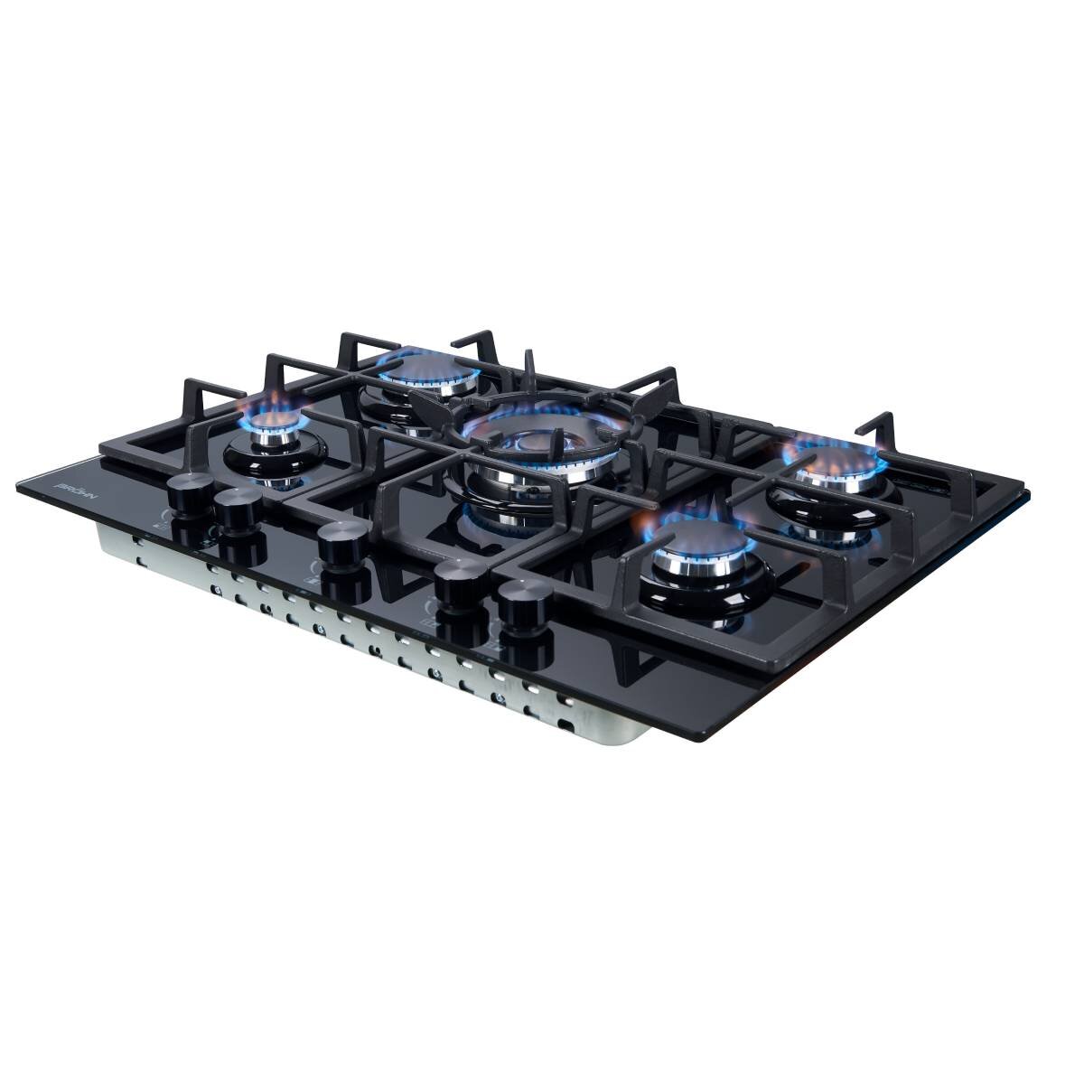 Brohn 70cm Natural Gas Cooktop - Black Tempered Glass, Five Burners, Triple Crown Wok Burner - BRG7000BLK